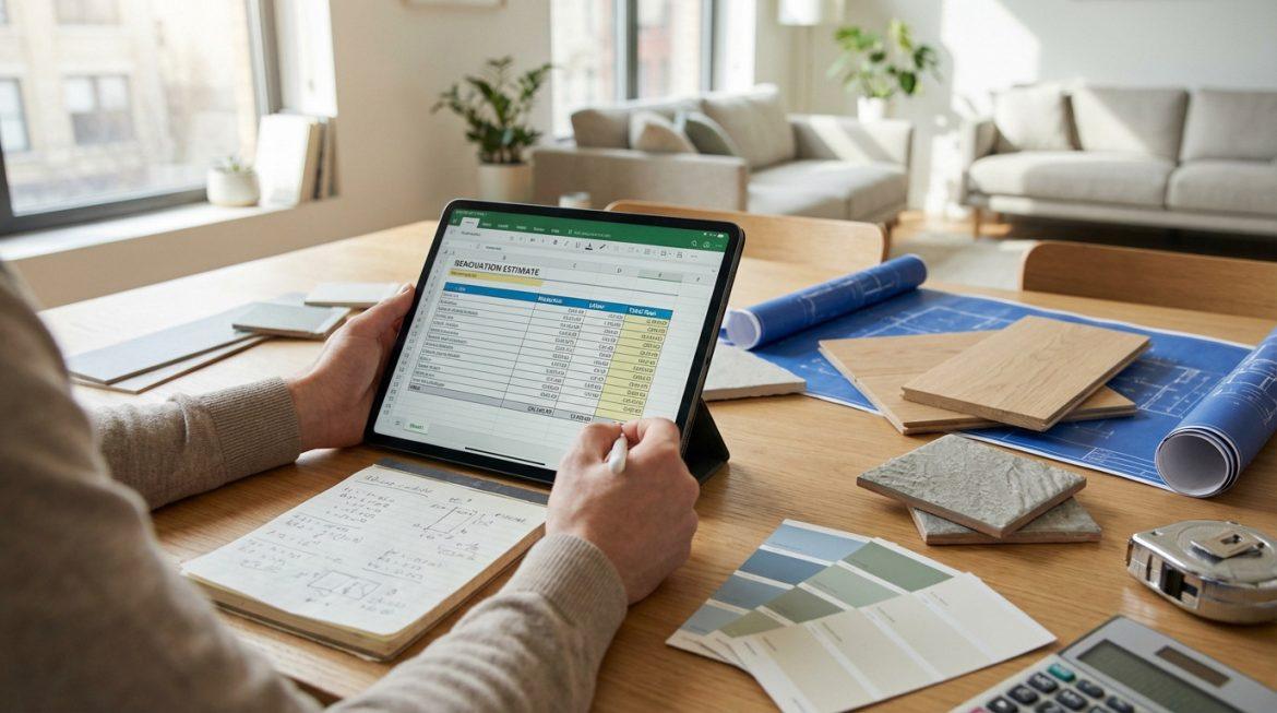 Mãos neutras em tablet com planilha de orçamento de reforma, cercadas por plantas, amostras de materiais e ferramentas.