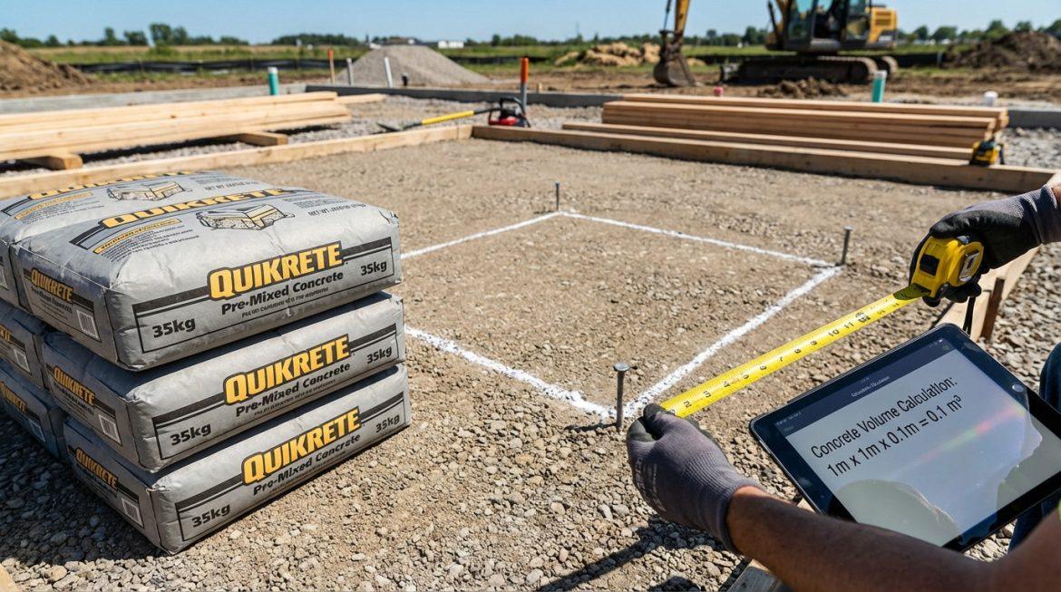 Vue d'un chantier: sacs de béton Quikrete, une personne mesurant une surface de 1m² avec mètre et tablette de calcul.