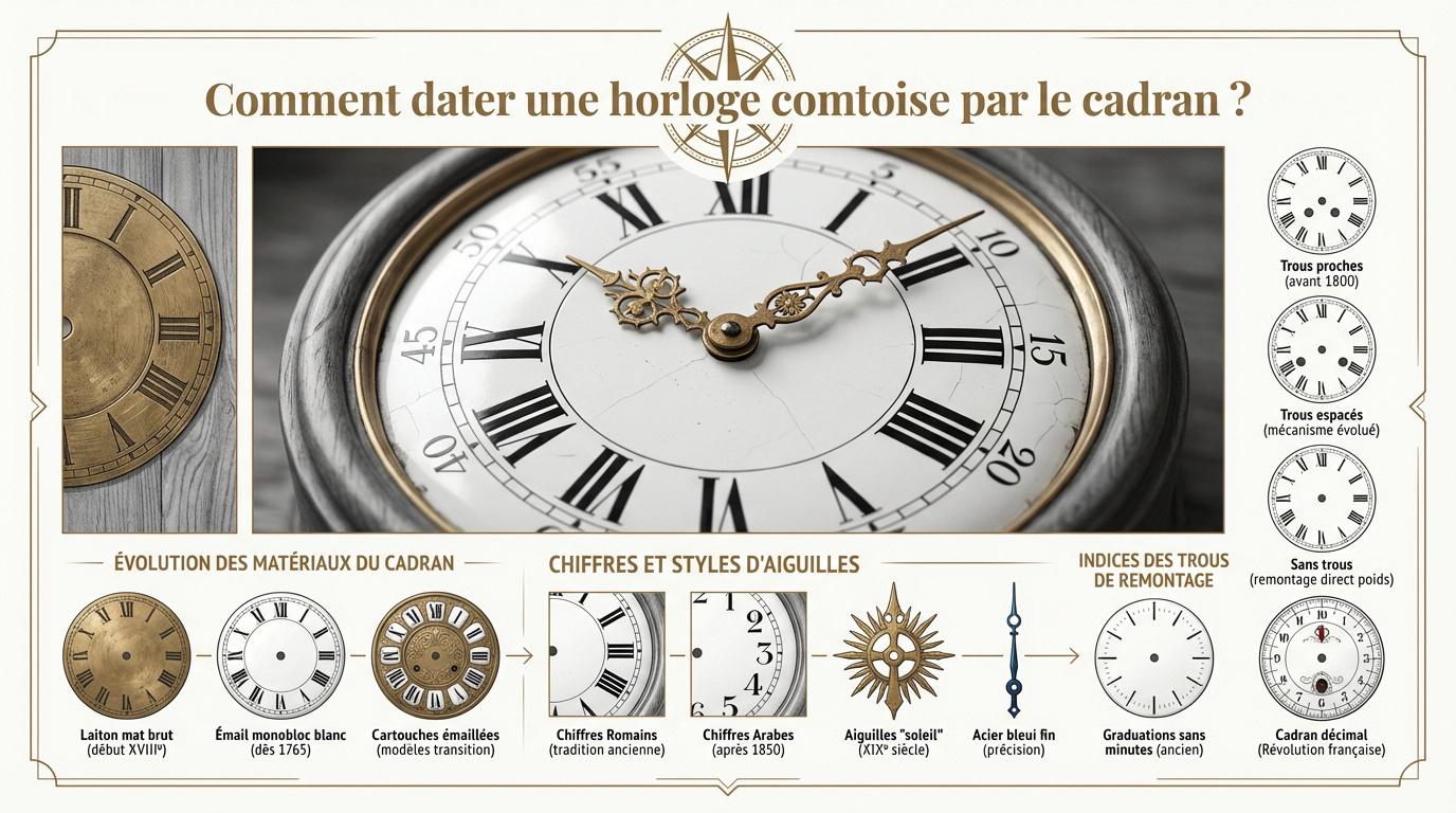 Détails du cadran en émail d'une horloge comtoise ancienne