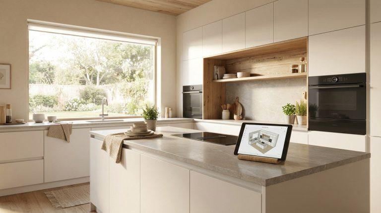 Cuisine moderne et lumineuse avec îlot central, fenêtre sur jardin, four encastré et tablette affichant un plan 3D de cuisine.