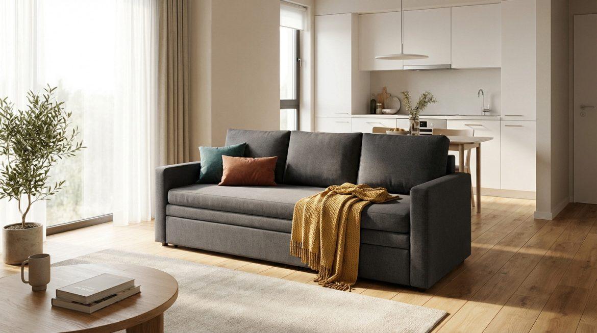 Canapé convertible gris dans un salon contemporain et lumineux, ouvert sur une cuisine, avec un plaid, coussins et plante.