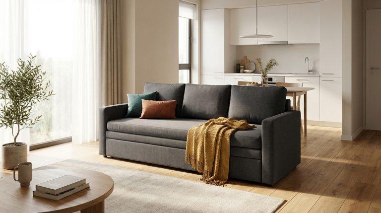 Choisir son canapé Convertible Center : le confort en 2026 Canapé convertible gris dans un salon contemporain et lumineux, ouvert sur une cuisine, avec un plaid, coussins et plante.