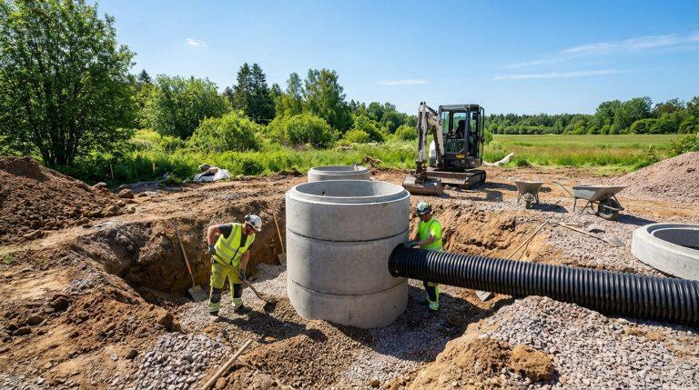 Deux ouvriers installent des anneaux de béton pour un puisard et raccordent un tuyau de drainage sur un chantier ensoleillé.