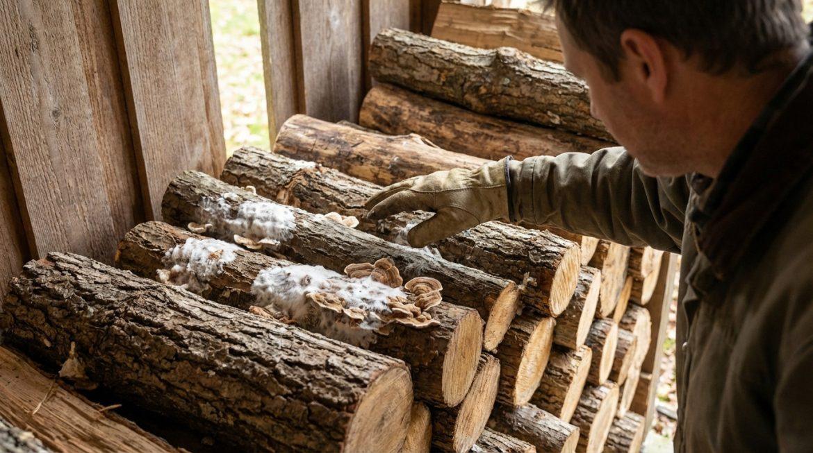 Homme ganté inspectant des bûches de bois de chauffage couvertes de moisissures blanches et de champignons bruns dans un abri en bois.