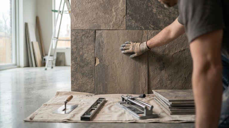 Gros plan sur une main gantée touchant un carreau mural en pierre endommagé avec une fissure et un éclat. Outils de pose au sol.