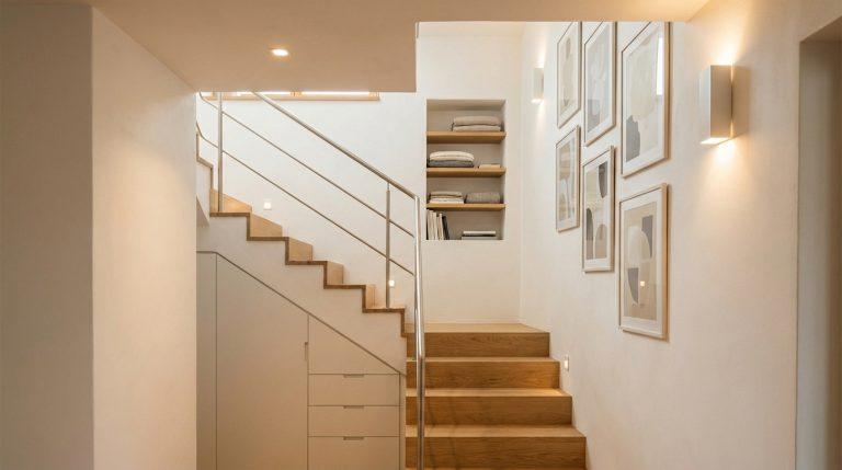 Escalier en bois avec rampe inox, rangements sous escalier, éclairage intégré et mur galerie d'art abstrait. Design intérieur moderne.