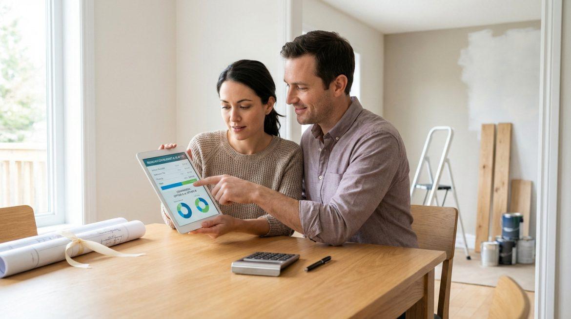 Couple examinant un budget de rénovation sur tablette, avec plans et chantier en arrière-plan.