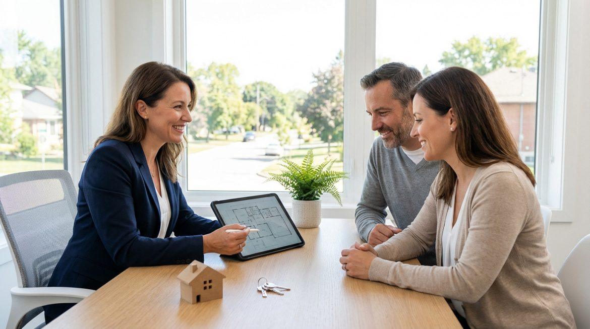 Un agent immobilier femme souriante montre des plans sur tablette à un couple heureux, avec une maison miniature et des clés sur table.