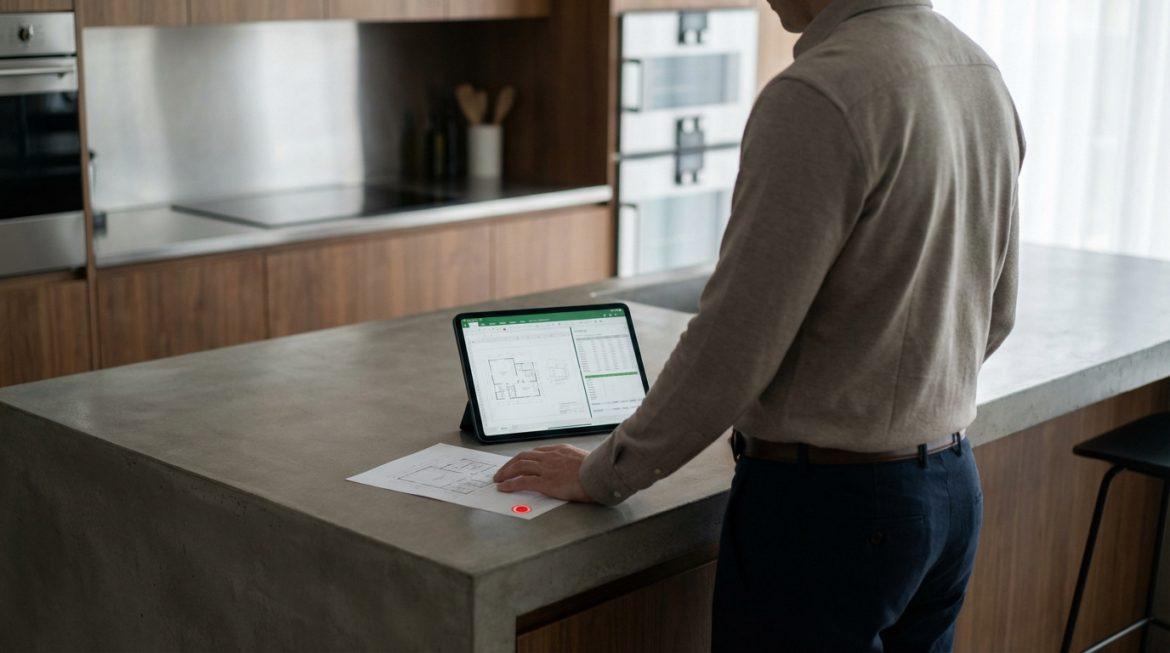 Un homme consulte un plan de maison sur une tablette et du papier, posés sur un îlot de cuisine contemporain en béton.