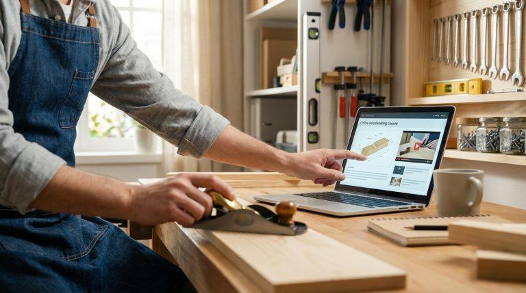 Un homme en tablier de jean suit un cours d'ébénisterie en ligne sur son laptop, un rabot sur une planche de bois. Atelier organisé.