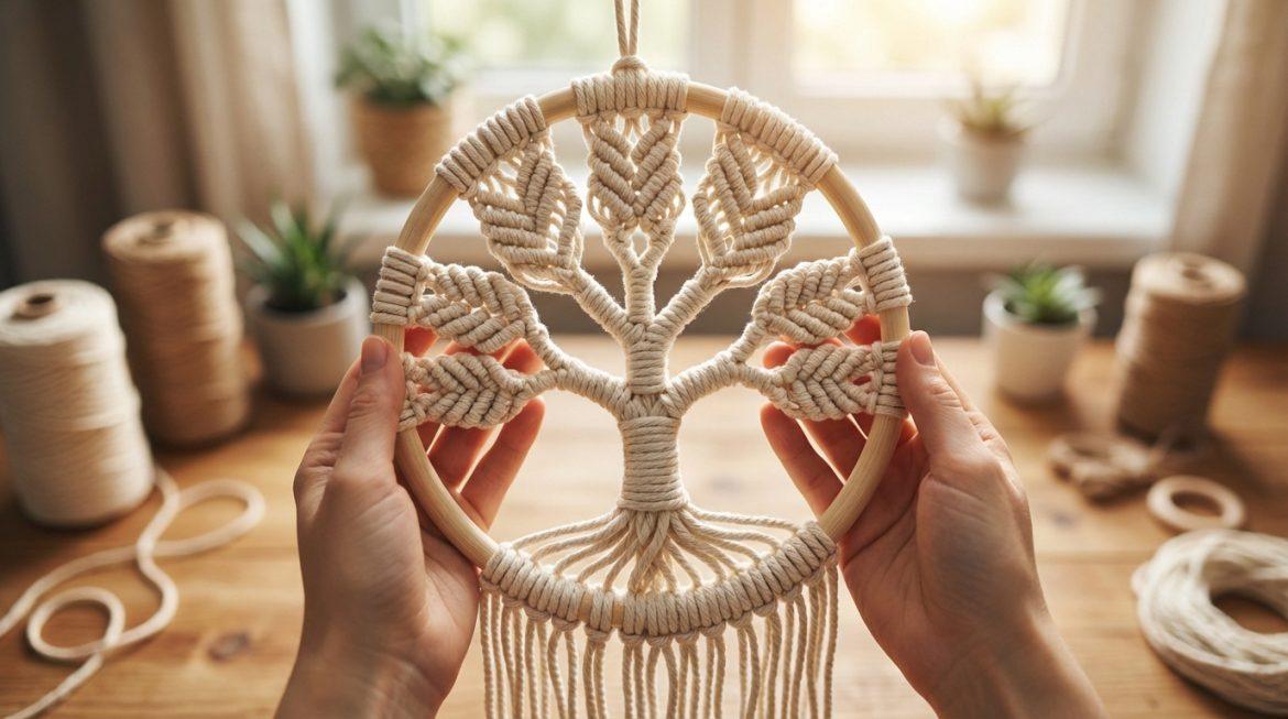 Photo en gros plan de mains tenant un macramé Arbre de Vie délicatement tressé, dans un cadre en bois, avec du matériel d'artisanat.