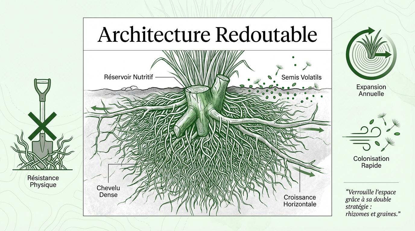 Architecture du système racinaire dense de l'herbe de la pampa sous terre