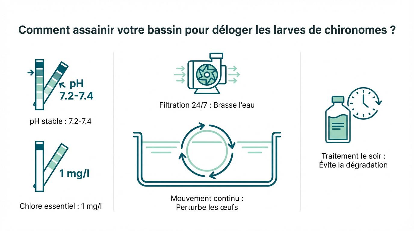 Nettoyage et assainissement d'une piscine contre les larves de chironomes