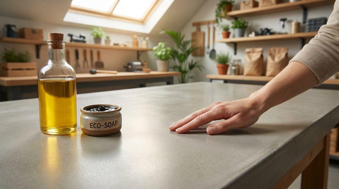 Une main caresse une surface en béton propre, près d'une bouteille d'huile et d'un pot d'ECO-SAVON, dans un atelier lumineux.
