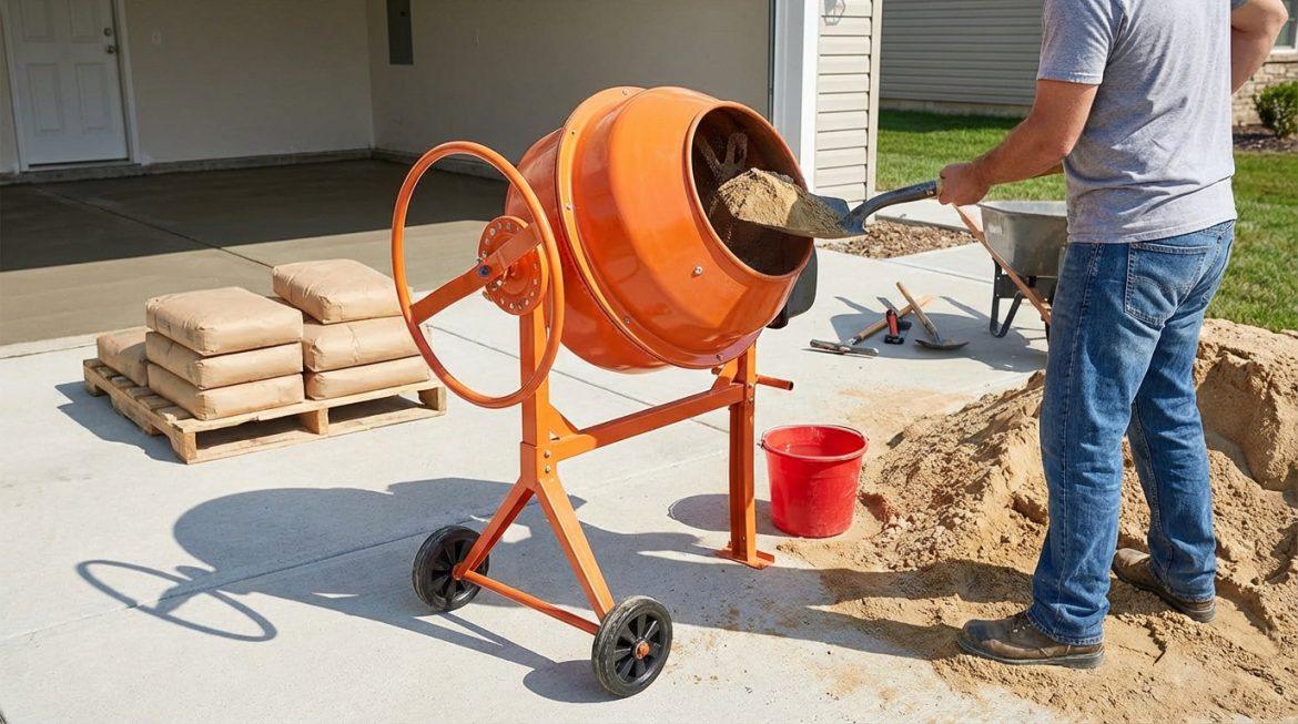 Un homme charge du sable dans une bétonnière orange. À côté, des sacs de ciment sur une palette et des outils de maçon.