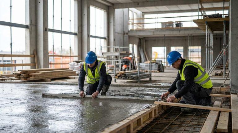 Deux ouvriers en gilets jaunes et casques bleus à genoux, nivelant du béton frais sur le sol d'un grand bâtiment en construction.