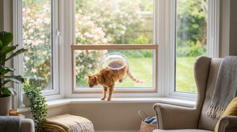 Un chat roux utilise une chatière transparente installée dans une fenêtre. La chatière est intégrée à un panneau de bois clair. Vue sur jardin.