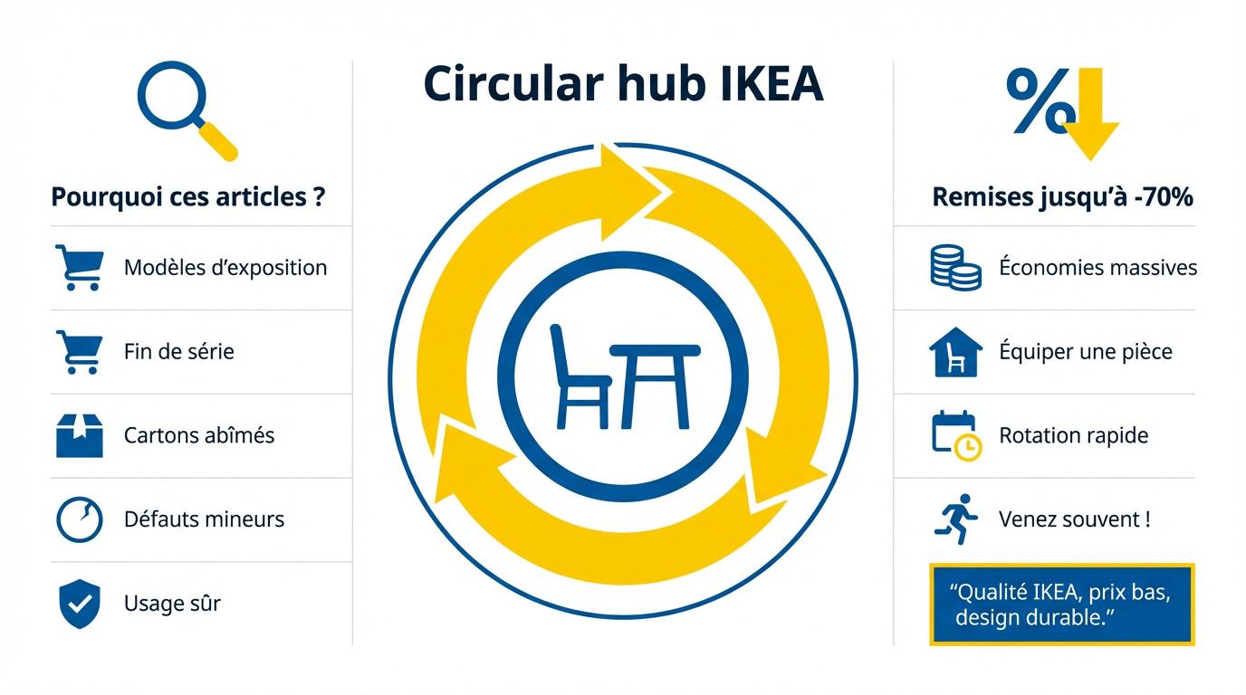 Espace Circular Hub IKEA avec meubles reconditionnés et étiquettes de réduction