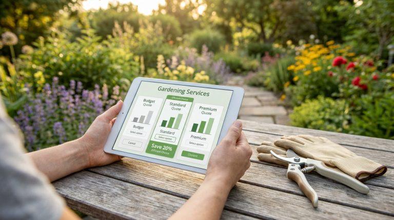 Personne regarde des devis de jardinage sur tablette. Gants, sécateur sur table en bois, fond de jardin ensoleillé fleuri.