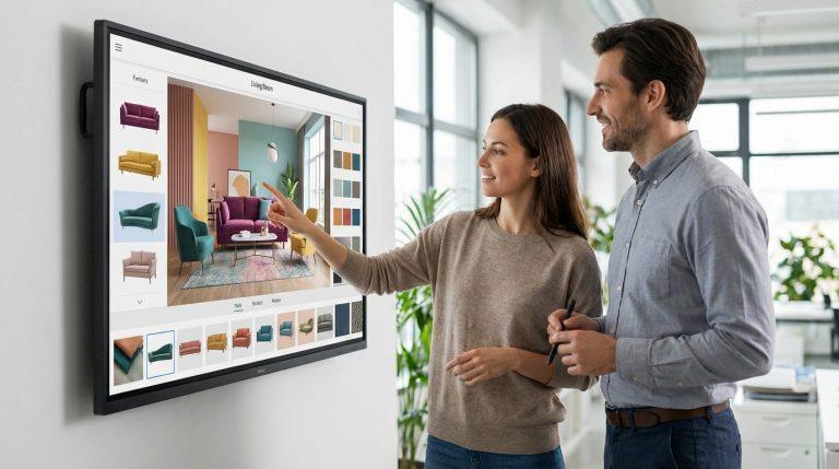 Deux personnes interagissent avec un simulateur de décoration murale, choisissant des options de mobilier et de couleurs pour un salon virtuel.