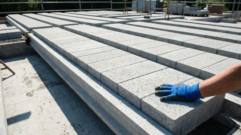 Main gantée bleue posant un hourdis en béton entre des poutrelles sur un chantier. Un plancher poutrelles-hourdis en cours.