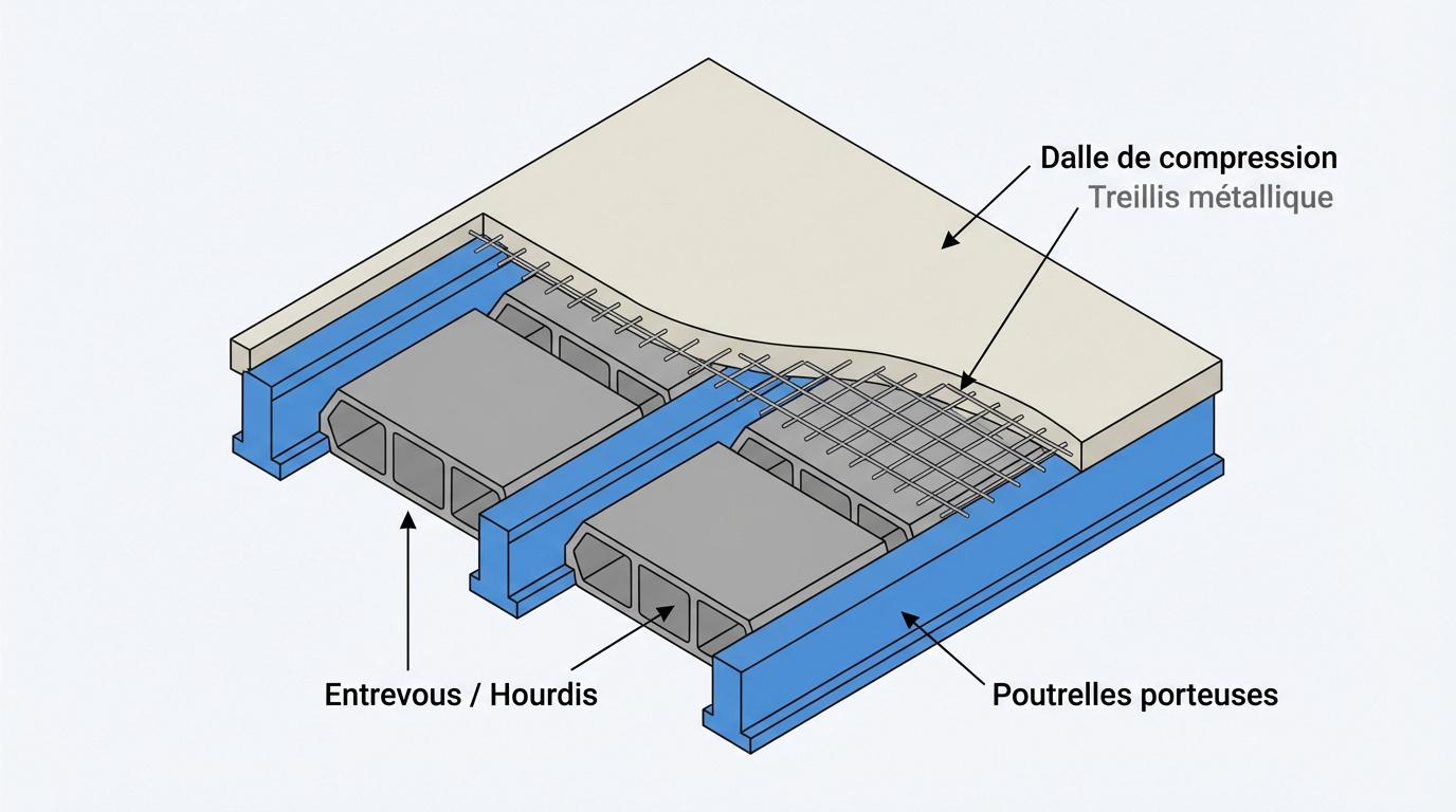 Schéma technique en coupe d'un plancher poutrelle hourdis montrant la dalle de compression et les entrevous