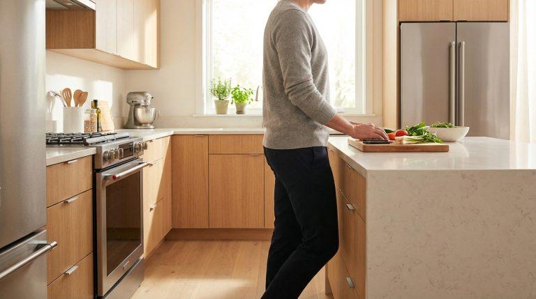 Hauteur plan de travail : quelle norme respecter pour une cuisine ergonomique ? Vue latérale d'une personne préparant des légumes sur un îlot de cuisine moderne en bois clair, soulignant l'ergonomie.