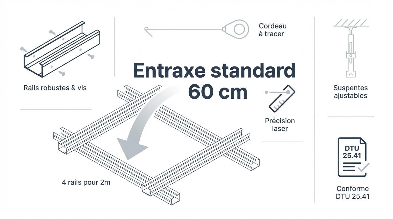 Schéma de l'entraxe standard de 60 cm pour la pose de rails de plafond en placo