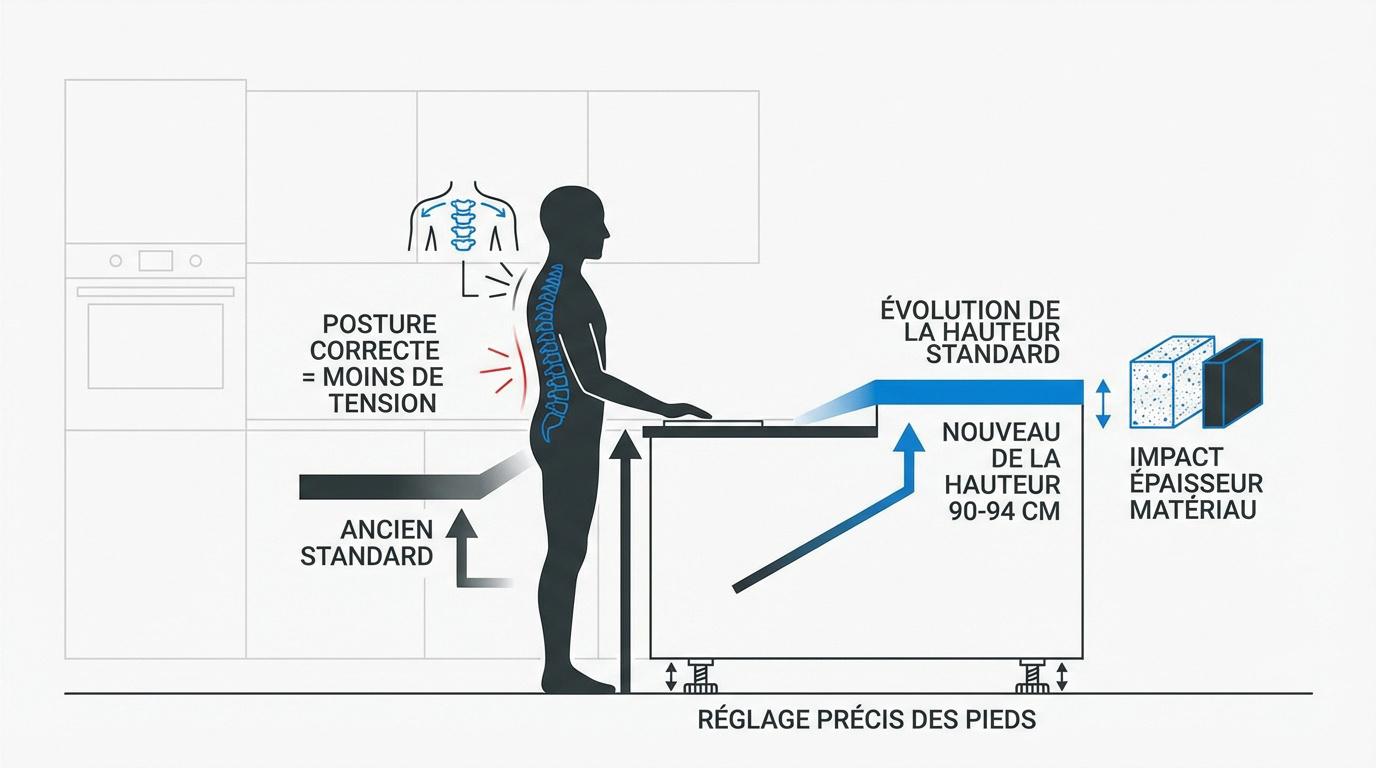 Schéma de l'ergonomie en cuisine montrant la hauteur idéale du plan de travail pour la posture du dos