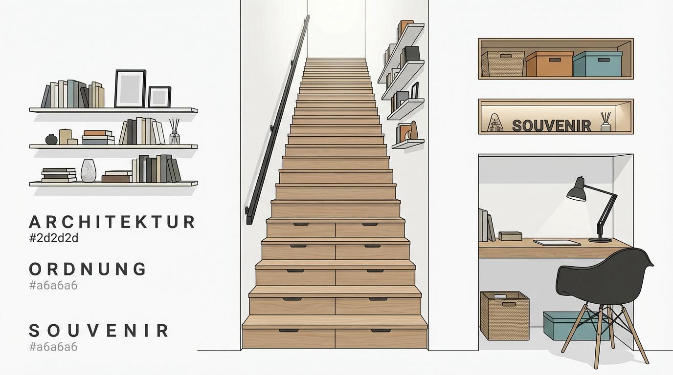 Escalier fermé avec rangements en bois intégrés sous les marches