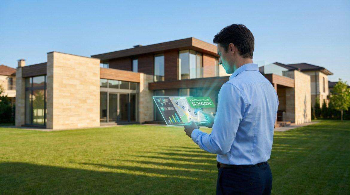 Un homme évalue une maison moderne avec une tablette holographique affichant une carte, des graphiques et une valeur estimée.
