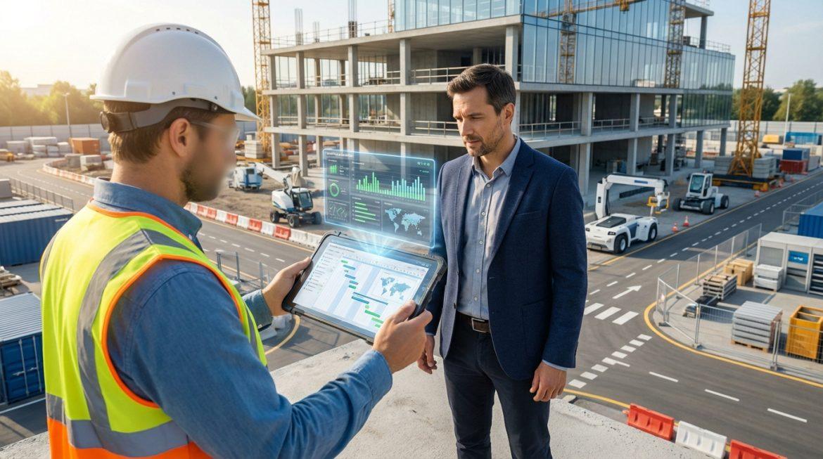 Deux hommes sur un chantier BTP, l'un montrant des données de gestion de projet sur une tablette et un écran holographique.