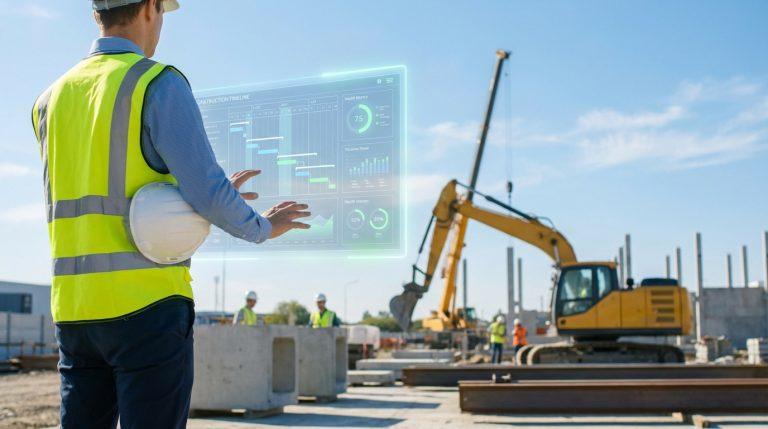 Ingénieur BTP en gilet jaune fluorescent consultant un écran numérique interactif affichant des données de projet sur un chantier avec une pelleteuse.
