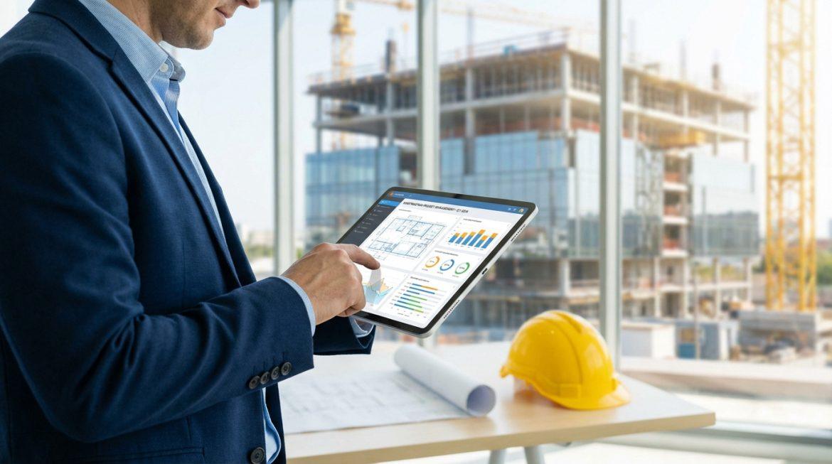 Un professionnel consulte des plans et des données de projet sur tablette, avec un chantier et un casque jaune en arrière-plan.