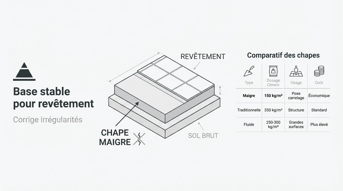 Infographie comparative des types de chapes et dosage ciment pour chape maigre