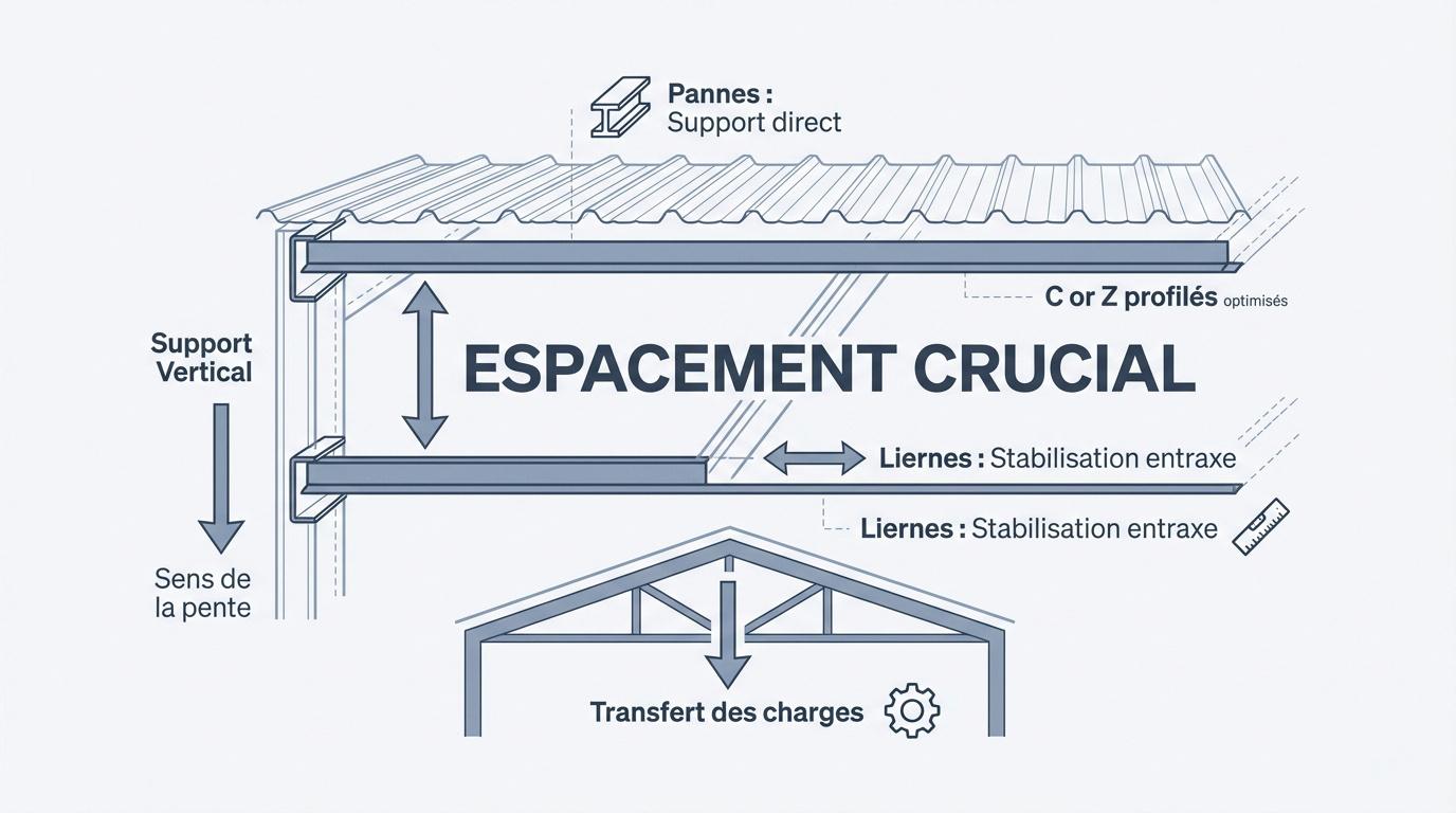Infographie expliquant l'espacement entre les pannes pour une toiture en bac acier