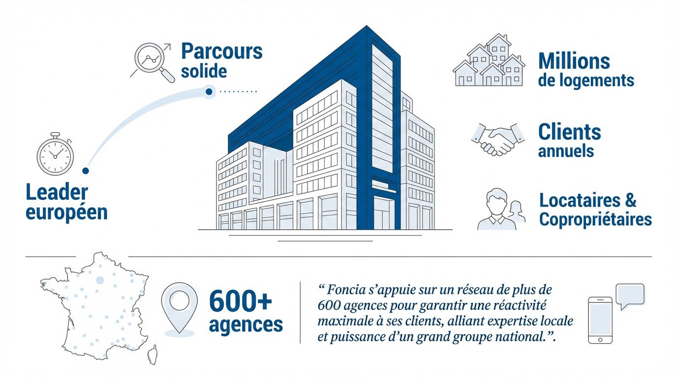 Infographie présentant l'envergure nationale et le réseau d'agences Foncia en France