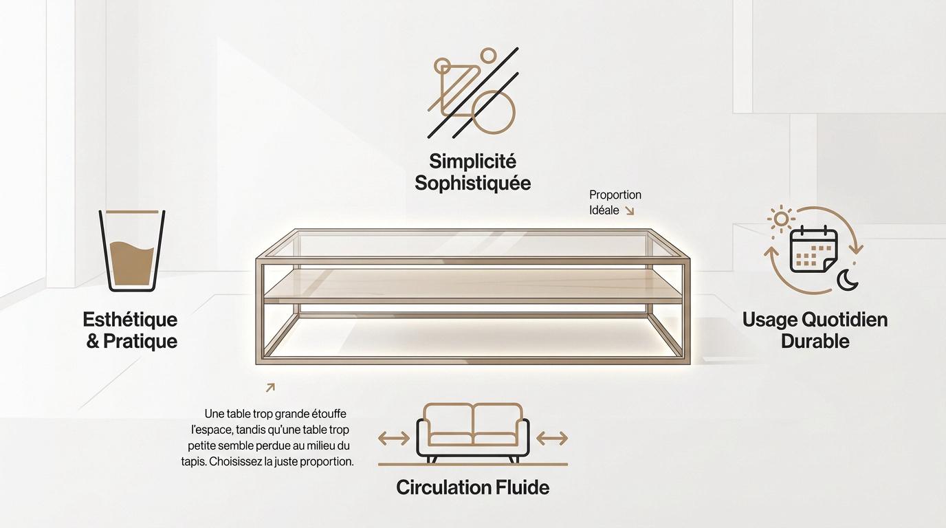 Infographie expliquant les dimensions et proportions idéales pour choisir sa table basse design