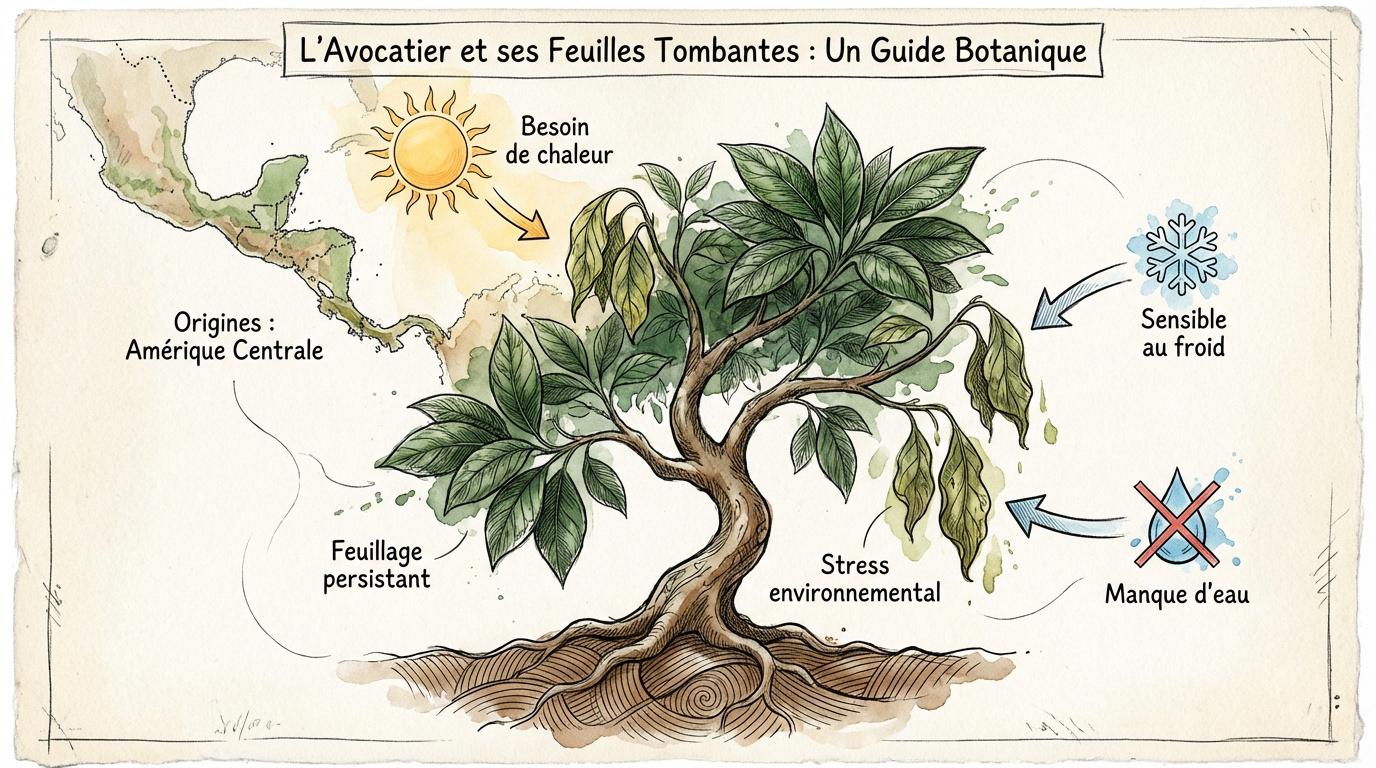Infographie expliquant les causes des feuilles tombantes de l'avocatier comme l'arrosage et la lumière