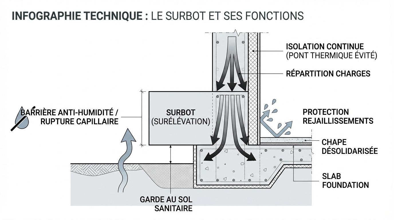 Infographie expliquant les fonctions de protection et de répartition des charges du surbot béton