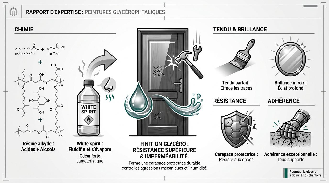 Infographie présentant les avantages historiques de la peinture glycéro : brillance, tendu et résistance