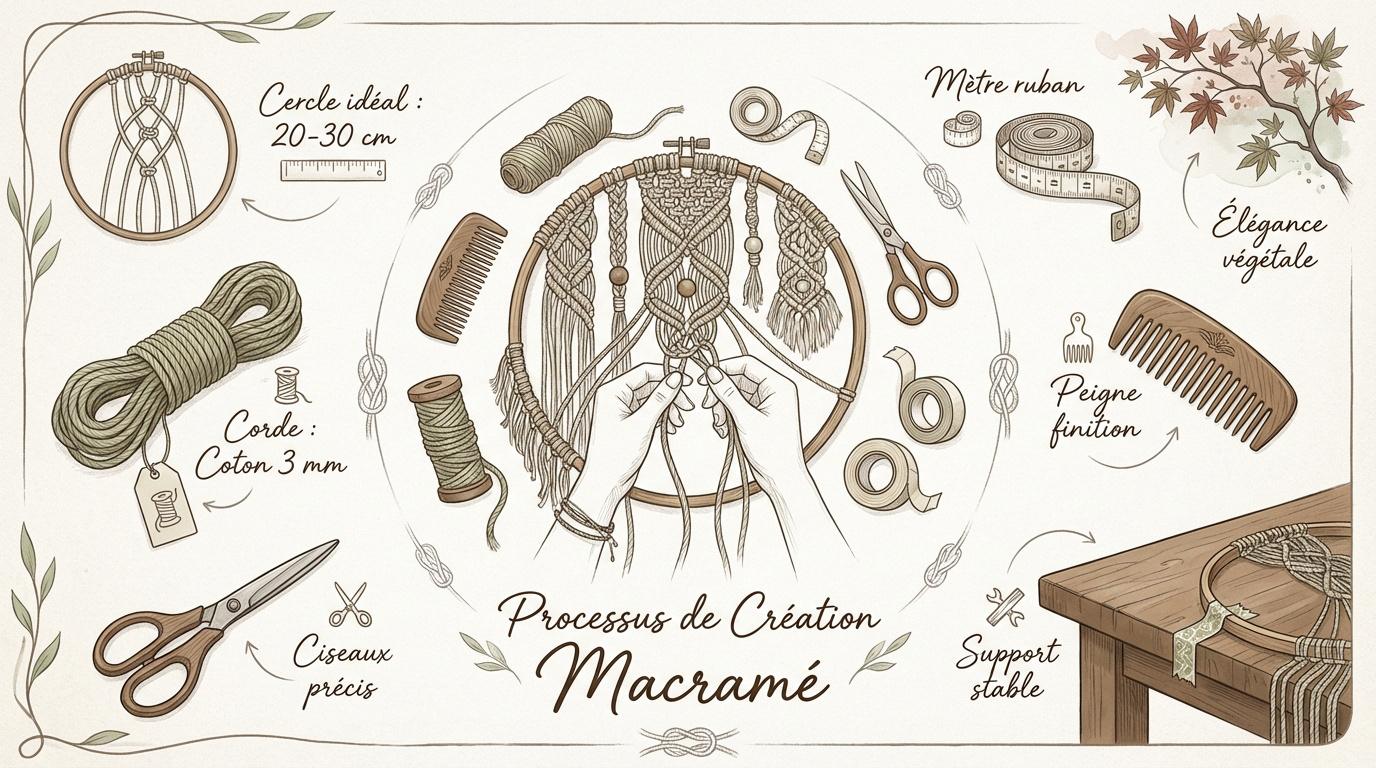 Infographie des étapes de création d'un arbre de vie en macramé incluant le matériel et les nœuds