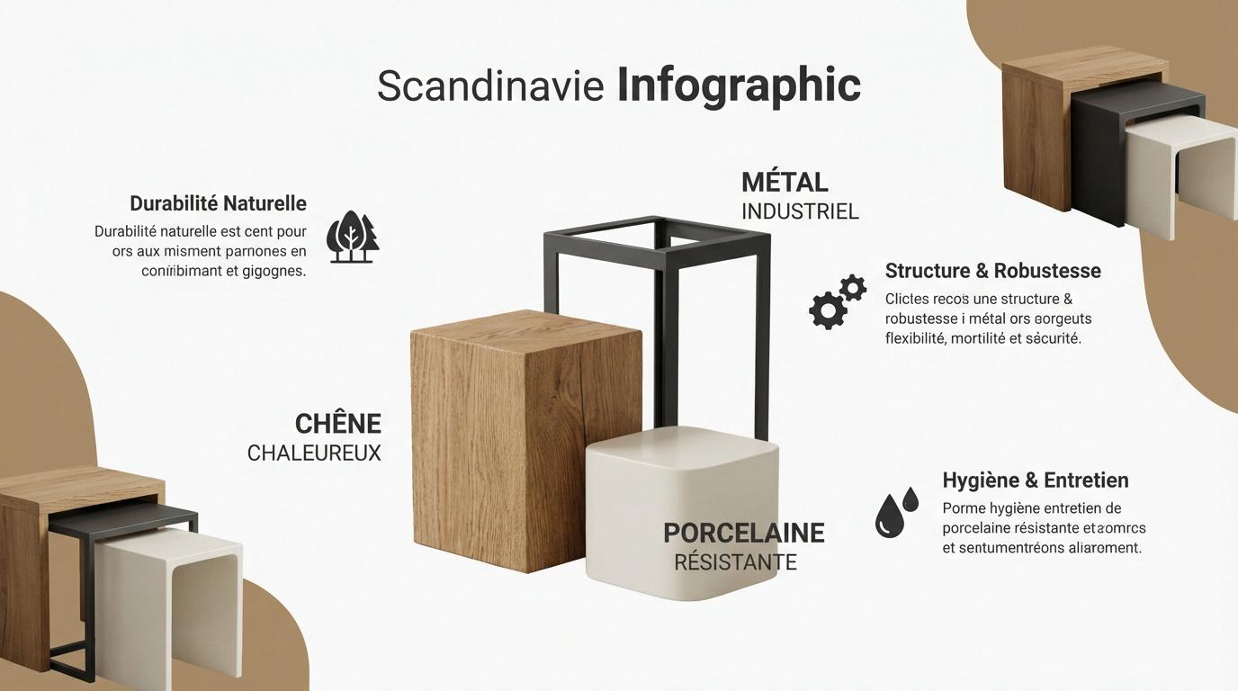 Infographie présentant les formes organiques et les matériaux des tables basses design