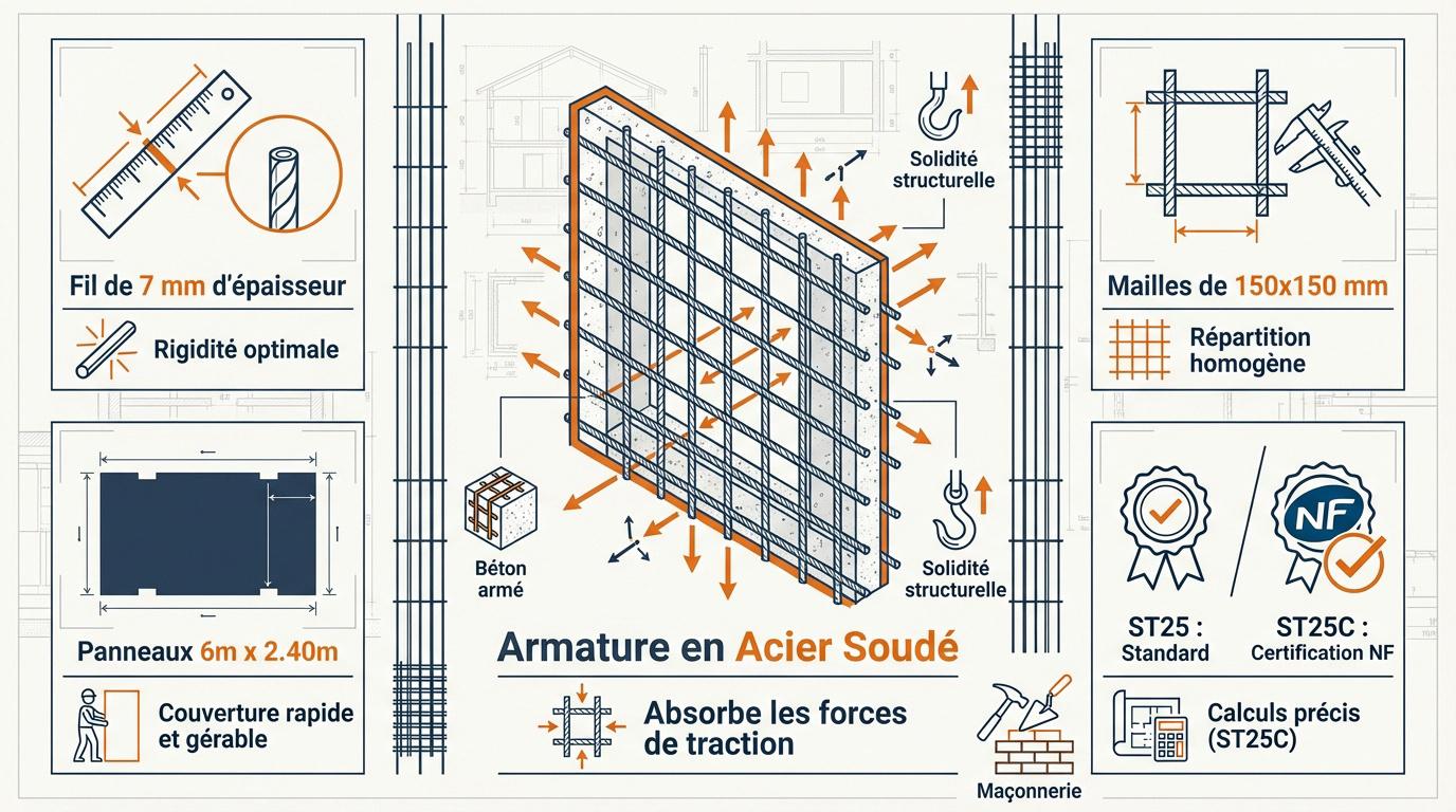 Infographie technique du treillis soudé ST25 pour l'armature de dalles en béton