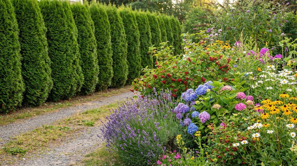 Haie de thuyas taillés le long d'un sentier de gravier, avec un jardin coloré de lavandes, hortensias et marguerites.