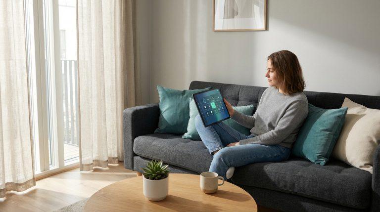 Femme sur un canapé moderne, consultant une tablette affichant une interface de gestion de logement en ligne dans son salon.