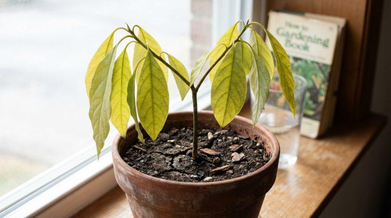 Jeune avocatier en pot aux feuilles jaunies et tombantes, posé sur un rebord de fenêtre avec sol sec et craquelé.