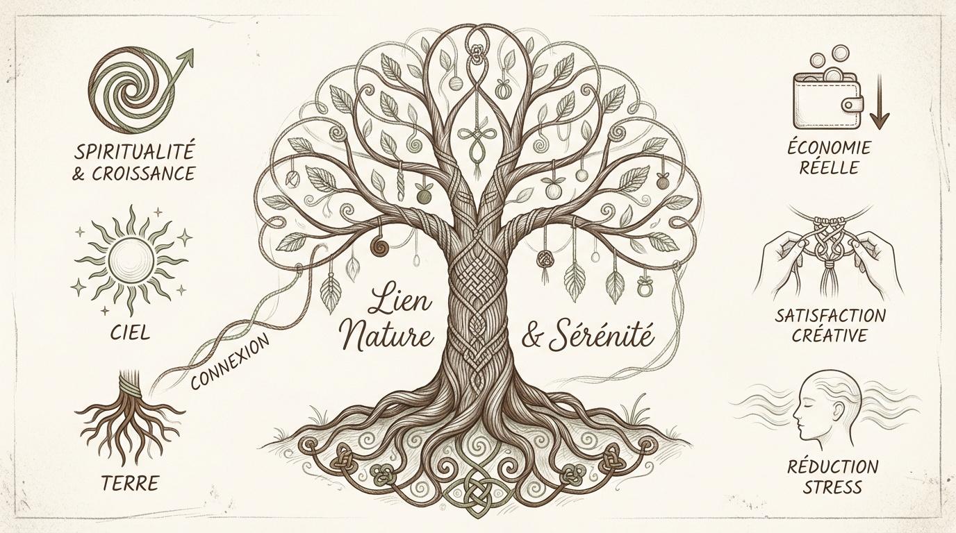 Arbre de vie en macramé suspendu au mur symbolisant la connexion et le bien-être