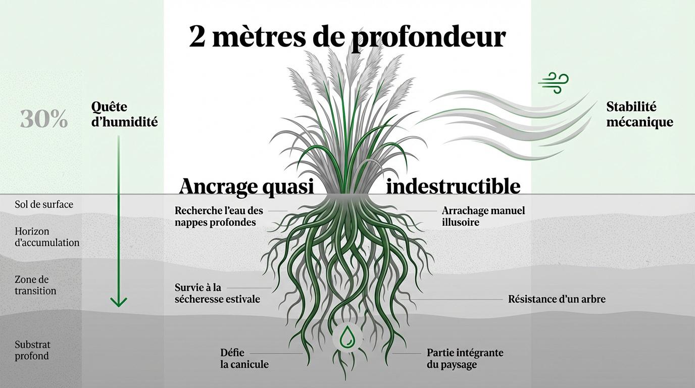 Système racinaire profond de l'herbe de la pampa dans le sol