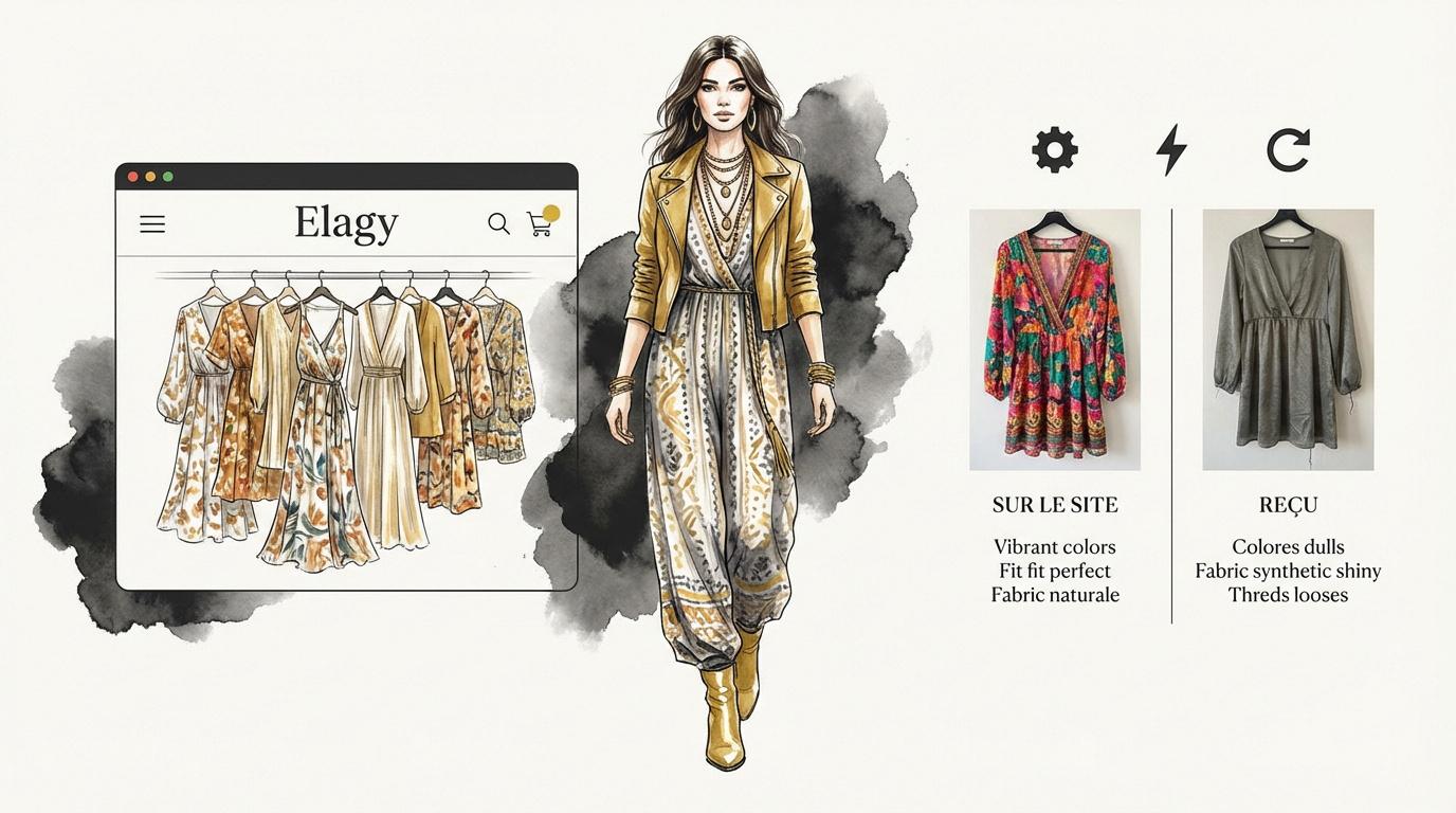 Comparaison entre une photo de mode professionnelle sur site web et le vêtement réel reçu par une cliente